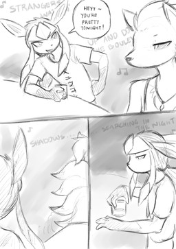 5_fingers ambiguous_gender anthro biped bottomwear clothed clothed_ambiguous clothed_anthro clothed_male clothing dialogue duo fingers fully_clothed fully_clothed_anthro fully_clothed_male hair lyrics male text topwear sealer4258 journey_(band) nintendo pokemon sealer_(sealer4258) eeveelution generation_1_pokemon generation_4_pokemon glaceon ninetales pokemon_(species) 2025 absurd_res comic digital_drawing_(artwork) digital_media_(artwork) english_text hi_res monochrome