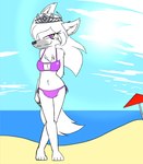 4_toes anthro barefoot beach beach_umbrella bikini chest_tuft clothing crossed_legs crown feet female fluffy fluffy_ears fluffy_tail fur hair hand_behind_back headgear light looking_at_viewer parasol paws plantigrade purple_bikini purple_clothing purple_eyes purple_swimwear sand sea smile solo sunlight swimwear tail toes tuft two-piece_swimsuit water white_body white_fur white_hair white_tail w0lfmare isolde_(w0lfmare) arctic_wolf canid canine canis mammal wolf