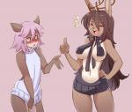 ambiguous_gender anthro backwards_virgin_killer_sweater blush bottomless breasts clothed clothing duo embarrassed female femboy gesture hair hand_gesture midriff navel open_mouth pink_hair red_eyes skimpy smile standing sweater thumbs_up topwear virgin_killer_sweater wide_hips iwbitu meme_clothing canid canine fox lagomorph leporid mammal rabbit digital_media_(artwork) meme shaded