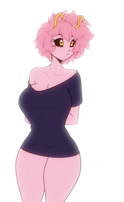 big_breasts black_sclera bottomless breasts clothed clothing collarbone eyebrows eyelashes female hair hands_behind_back horn not_furry off_shoulder pink_body pink_hair pink_skin shirt shirt_only short_hair solo topwear topwear_only wide_hips yellow_eyes scorpdk my_hero_academia ashido_mina horned_humanoid humanoid quirked_human_(my_hero_academia) 2026 hi_res