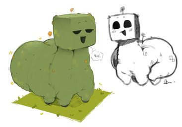 4_legs ambiguous_gender big_butt black_eyes butt feral flower fur grass green_body green_fur laugh motion_lines plant smile solo square_head thought_bubble neato5 microsoft minecraft mojang xbox_game_studios creeper_(minecraft) creeper_taur elemental_creature flora_fauna sketch
