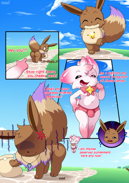 angry anthro bulge butt clothing cloud comics_style detailed_bulge dialogue duo feral fluffy fluffy_tail happy male male/male nipples sassy shocked slightly_chubby slime tail text underwear baashi nintendo pokemon meep_the_eevee miziu_(baashi) alien eevee generation_1_pokemon hybrid pokemon_(species) absurd_res comic english_text hi_res