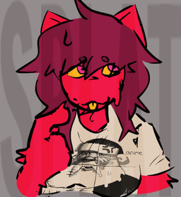 anthro female pink_pupils pose pupils red_body shitpost simple_background slightly_chubby solo tongue toony yellow_eyes yellow_tongue splattterdd xerise adobe_animate_(artwork) digital_media_(artwork) icon meme