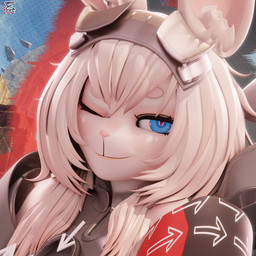 alternate_species anthro arrow_print blue_eyes clothed clothing eyebrows female furrification hair inner_ear_fluff long_hair looking_at_viewer one_eye_closed pink_nose pupils red_pupils smile smiling_at_viewer solo thick_eyebrows tuft white_body white_hair wink winking_at_viewer geodat morethreedee_(modeler) arknights arknights_endfield hypergryph studio_montagne avywenna_(arknights) lagomorph leporid mammal rabbit 1:1 2026 3d_(artwork) absurd_res bust_portrait digital_media_(artwork) hi_res portrait watermark