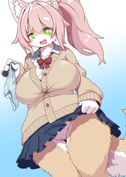 4_fingers anthro big_breasts big_ears biped black_nose black_pawpads blue_background blue_bottomwear blue_clothing blue_skirt blush blush_lines bottomwear bow_panties bow_tie bow_underwear breasts brown_body brown_fur brown_tail cardigan cheek_tuft clothed clothed_anthro clothed_female clothing clothing_lift collared_shirt curvy_figure dress dress_lift eye_through_hair eyebrow_through_hair eyebrows eyelashes eyelashes_through_hair facial_tuft female fingerpads fingers flashing flashing_pussy fur genitals glistening glistening_eyes gradient_background green_eyes hair holding_clothing holding_object holding_panties holding_underwear inner_ear_fluff innie_vulva kemono legs_together looking_at_viewer looking_down looking_down_at_viewer low-angle_view multicolored_body multicolored_fur multicolored_tail no_underwear open_mouth open_smile panties pawpads pink_hair presenting presenting_vulva red_bow_tie shirt simple_background skirt skirt_lift small_nose smile solo tail tan_clothing tan_sweater tan_topwear thick_thighs thigh_gap tied_hair topwear translucent translucent_hair tuft undershirt underwear upskirt upskirt_photo upskirt_view voluptuous_female vulva white_background white_body white_clothing white_eyebrows white_fur white_inner_ear_fluff white_shirt white_tail white_topwear wide_hips koorinezumi canid canine mammal 2026 digital_media_(artwork) hi_res