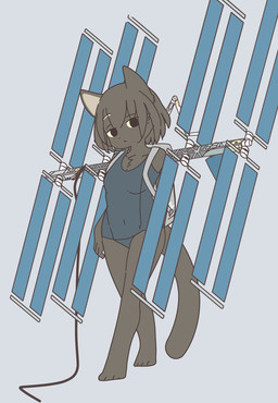 anthro backpack barefoot black_eyes brown_body brown_fur brown_hair chest_tuft clothed clothing feet female female_anthro fur hair kemono looking_at_viewer machine mechanical_arm one-piece_swimsuit power_cord school_swimsuit simple_background solar_panel solo space_station swimwear tuft mikeyama domestic_cat felid feline felis mammal hi_res