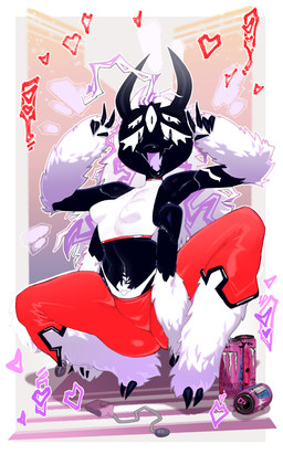 4_arms 6_eyes beverage black_body black_skin bottomwear clothing crop_top crouching female hair intersex kneeling long_hair looking_at_viewer multi_arm multi_eye multi_limb pants sharp_teeth shirt smile smiling_at_viewer solo teeth topwear white_hair goatboydraws demon absurd_res hi_res