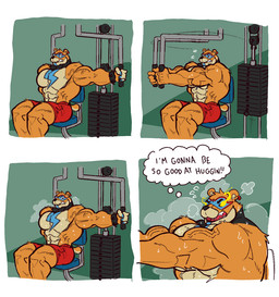 4_panel_comic anthro barazoku biceps big_muscles bodily_fluids ear_piercing ear_ring exercise huge_muscles male muscular muscular_male pecs piercing ring_piercing solo sweat text vein veiny_muscles weightlifting workout happyending five_nights_at_freddy's five_nights_at_freddy's:_security_breach scottgames steel_wool_studios glamrock_freddy bear mammal comic english_text