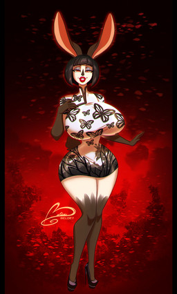 anthro big_breasts black_fur_markings black_hair breasts clothing dress dress_shoes female footwear fur hair high_heels huge_breasts shoes short_dress short_hair solo thick_thighs white_body white_clothing white_dress white_fur wide_hips ooo-belise-ooo taylor_lagarian himalayan_rabbit hi_res