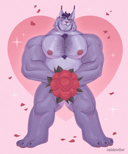 anthro biped bouquet flower holding_bouquet holding_flower holding_object male muscular muscular_anthro muscular_male muscular_thighs nude_anthro nude_male plant rose_(flower) caldatelier felid feline lynx mammal 2026 5:6 colored hi_res