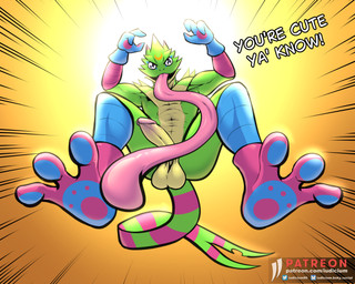 3_fingers 3_toes anthro balls circumcised erection feet fingers genitals glans humanoid_genitalia humanoid_penis jumping long_tongue low-angle_view male paws penis slim solo text toes tongue tongue_out iudicium86 bandai_namco digimon digimon_(species) gekkomon lizard reptile scalie 5:4 english_text hi_res url