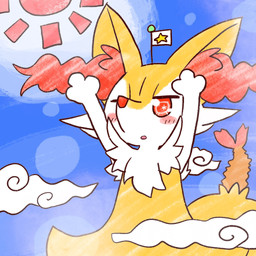 :o ambiguous_anthro ambiguous_gender anthro biped blush cloud flag food front_view macro object_in_tail open_mouth raised_arms shrimp_(food) sky solo standing sun tail annyui0611 nintendo pokemon braixen canid generation_6_pokemon mammal pokemon_(species) 1:1 2022 digital_drawing_(artwork) digital_media_(artwork) half-length_portrait hi_res japanese_description portrait translated_description
