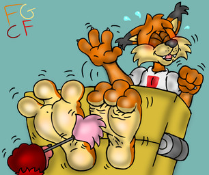 3_toes 4_fingers anthro barefoot big_feet black_body black_fur black_nose cheek_tuft claws cleaning_tool clothing curling_toes duo ear_tuft eyes_closed facial_tuft fangs feather_duster feet finger_claws fingers foot_fetish foot_focus fur fur_tuft holding_cleaning_tool holding_feather_duster holding_object male motion_lines multicolored_body multicolored_fur orange_body orange_fur pink_tongue red_body red_fur restraints shirt smile solo_focus stocks teeth tickle_fetish tickle_torture tickling tickling_feet toes tongue topwear tuft whisker_spots white_clothing white_shirt white_topwear yellow_body yellow_fur fruitgems bubsy_(series) bubsy_bobcat bobcat felid feline lynx mammal