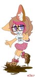 anthro big_ears boots bottomwear brown_hair clothing eyewear female footwear frilly frilly_bottomwear frilly_clothing frilly_skirt glasses hair highlights_(coloring) looking_at_viewer mud object_in_mouth pacifier pacifier_in_mouth purple_eyes shirt shoes simple_background skirt solo t-shirt topwear white_background wristband young young_anthro linen_lolita lagomorph leporid mammal rabbit absurd_res hi_res signature