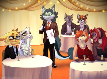 anthro blue_eyes clothing dress electronics female fur green_eyes grey_body grey_fur group hair hanging_lights holding_object holding_paper male microphone orange_hair paper red_clothing red_dress red_hair sitting sparkling_cider suit talking_to_another tan_body tan_fur toasting wedding_dress wedding_veil yellow_body yellow_eyes yellow_fur snejek ratchet_and_clank sony_corporation sony_interactive_entertainment daniel_(wolfwithglasses) hamish_turner_(ukz_james97) jade_gardiner lyr mike_(ninjamike005) ailurid canid canine canis fox lombax mammal novabeast red_panda wolf absurd_res hi_res