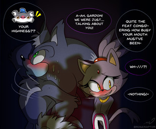 accessory after_kiss anthro anthro_on_anthro arm_tuft big_eyes big_hair biped blush blushing_profusely bodily_fluids bottomwear caught_in_the_act cheek_tuft chest_tuft clothed clothed/nude clothed_anthro clothed_female clothing countershade_face countershade_fur countershade_torso countershading dialogue dipstick_hair duo elbow_tuft embarrassed emoji emoticon eyelashes facial_tuft featureless_crotch female female_anthro forehead_gem fully_clothed fully_clothed_anthro fully_clothed_female fur fur_tuft gem glistening glistening_nose hair hair_accessory hair_ring hands_behind_back humor inner_ear_fluff interspecies iris larger_male light long_eyelashes long_nose long_tail looking_away male male/female male_anthro motion_lines multicolored_body multicolored_fur nervous nervous_smile nervous_sweat nude nude_anthro nude_male open_mouth open_smile pants princess pupils royalty saliva shadow simple_background size_difference smaller_female smile snout sweat sweatdrop sweater tail talking_to_another text threshold_light topwear tuft wrist_tuft roseraptor mythology sega sonic_the_hedgehog_(series) sonic_unleashed blaze_the_cat gardon sonic_the_hedgehog sonic_the_werehog canid canine eulipotyphlan felid feline hedgehog hybrid mammal mythological_canine mythological_creature werecanid werecanine werecreature werewolf artist_name english_description english_text lighting shaded