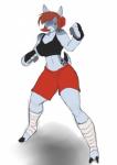 anthro bandage clothed clothing female fighting_pose fingerless_gloves gloves handwear looking_at_viewer pose smile solo standing vibershot deer mammal colored_sketch hi_res sketch