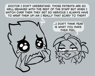 anthro bodily_fluids dialogue duo female humor sweat sweatdrop tears text worried worried_look the_padded_room esmeralda_kingsley arachnid arthropod mammal procyonid raccoon spider 2026 digital_drawing_(artwork) digital_media_(artwork) english_text monochrome