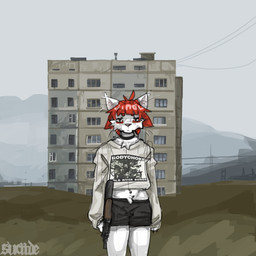 anthro apartment_building belly_piercing black_clothing bottomwear choker clothing commie_block crop_top eyebrows facial_piercing female fog foggy_background grass grey_sky gun hair jewelry lip_piercing necklace oversized_clothing p90 piercing plant ranged_weapon red_eyebrows red_hair shirt shorts sky snakebite_piercing solo submachine_gun topwear weapon whiskers white_body white_clothing suciide fn_herstal domestic_cat felid feline felis mammal 1:1 2025 album_cover cover hi_res watermark