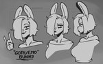 alternative_fashion anthro biped clothed clothing ears_up emo female goth hair hand_sign one_eye_obstructed short_hair smile solo text spikedmauler lagomorph leporid mammal rabbit 2024 black_and_white english_text greyscale hi_res model_sheet monochrome signature sketch