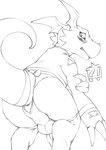 blush clothed clothing crossdressing embarrassed interrobang looking_at_viewer looking_back male panties raised_tail solo tail underwear r3drunner bandai_namco digimon digimon_(species) guilmon absurd_res hi_res sketch watermark