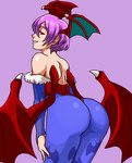 armwear big_butt blue_armwear blue_clothing blue_legwear blue_tights butt clothing eyelashes female hair head_wings legwear leotard looking_at_viewer looking_back looking_back_at_viewer membrane_(anatomy) membranous_wings purple_background purple_hair rear_view red_clothing red_eyes red_leotard red_wings short_hair simple_background smile solo tan_body tan_skin thick_thighs tights unusual_wing_placement wide_hips wings lewdthealess capcom darkstalkers lilith_aensland demon demon_humanoid humanoid succubus winged_humanoid hi_res