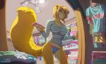 anthro bed blonde_hair breasts camel_toe cleavage clothed clothing detailed_background electronics female fur furniture hair inside light panties phone red_eyes shoebox solo standing underwear wide_hips yellow_body yellow_fur stoopix maybell mammal rodent sciurid 2019 hi_res