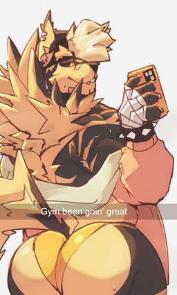 anthro bandage bandage_on_face bandage_on_nose bandaged_hand big_butt bodily_fluids bottomwear bottomwear_down bracelet bubble_butt butt caption cellphone clothed clothing electronics huge_butt jacket jewelry male muscular muscular_anthro muscular_male pants pants_down partially_clothed phone selfie smartphone smile spiked_bracelet spikes sweat sweatdrop tail text thong topwear underwear zappyron proton_(zappyron) canid canine canis mammal wolf digital_drawing_(artwork) digital_media_(artwork) hi_res