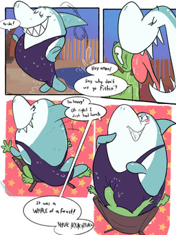 anthro blush clothed clothing dialogue duo eyelashes eyes_closed fangs female licking male male/female smile speech_bubble swimwear teeth text tongue tongue_out water shamelesss hanna-barbera jabberjaw jellystone_(hbo_max) anon jabberjaw_(character) aquatic fish human mammal shark 3:4 digital_media_(artwork)
