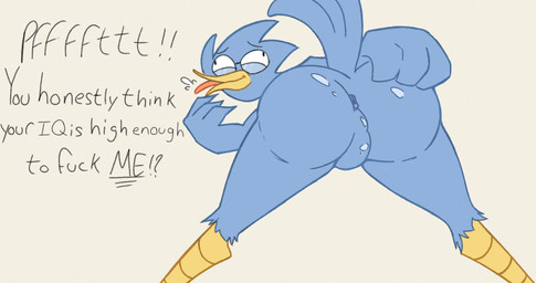 anthro anus backsack balls beak bent_over blue_anus blue_balls blue_body blue_feathers bubble_butt butt butt_focus dialogue feathers genitals half-closed_eyes hand_on_butt laugh male narrowed_eyes nude perineum pfft presenting presenting_hindquarters questioning_tone raised_tail rear_view silly_face simple_background smug solo standing tail tail_feathers talking_to_viewer teasing text text_emphasis tongue tongue_out underline vowelless vowelless_vocalization yellow_beak unknown_artist deltarune undertale_(series) berdly avian bird 256:135 english_text hi_res