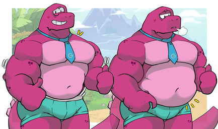 accessory anthro belly bottomwear bulge clothing male musclegut muscular muscular_male navel necktie outside pink_body shorts slightly_chubby smile solo tail snowbear003 gameoverse glitch_productions gobbles_(gameoverse) dinosaur prehistoric_species reptile scalie 2026 hi_res