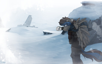 anthro big_eyes blue_hair bottomwear brown_body brown_feathers brown_hair clothed clothing day feathered_wings feathers fully_clothed furgonomics gloves hair handwear headwind male outside pants snow snowing solo walking wind wings marsminer hasbro my_little_pony mythology fan_character playthrough equid equine mammal mythological_creature mythological_equine pegasus 2017 hi_res