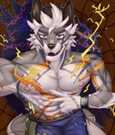 anthro electricity fur grey_body grey_fur lava lightning male muscular muscular_anthro muscular_male red_eyes solo duckaphion lifewonders tokyo_afterschool_summoners q'ursha_(tas) canid canine mammal absurd_res hi_res