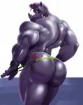 anthro arched_back back_muscles biceps big_butt big_muscles biped butt clenched_teeth clothed clothing clothing_pull fingerless_gloves gloves green_clothing green_thong green_underwear grin hair handwear holding_object horn huge_butt huge_muscles inviting looking_at_viewer looking_back male markings mature_anthro mature_male mohawk muscular muscular_anthro muscular_male partially_clothed pose presenting purple_eyes purple_hair rear_view short_hair simple_background smile solo standing teeth thong topless underwear underwear_down underwear_pull white_background absolutbleu_(artist) bigdaddyrhino mammal rhinoceros hi_res portrait three-quarter_portrait