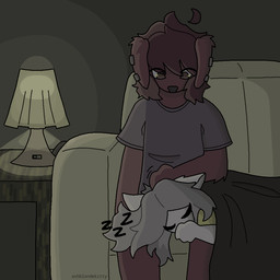 anthro bedding blanket brown_body brown_fur brown_hair clothing duo ear_piercing eyes_closed female floppy_ears fur furniture grey_clothing grey_hair grey_shirt grey_topwear hair head_on_lap headpat lamp looking_down looking_down_at_partner male male/female on_lap piercing romantic romantic_couple shirt sleeping sleeping_on_partner sofa sound_effects table topwear vowelless vowelless_sound_effect white_body white_fur yellow_clothing yellow_shirt yellow_topwear zzz ashblondekittyy rex_(ashblondekittyy) yuna_(ashblondekitty) canid canine canis domestic_cat domestic_dog felid feline felis mammal 1:1 trans_(lore) trans_man_(lore) trans_woman_(lore)
