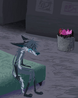 anthro bed blue_body blue_fur bodily_fluids crying detailed_background fur furniture inside leg_markings male markings nude_male sad socks_(marking) solo tears trash demensa emil_(demensa) canid canine canis coyote domestic_dog mammal 2024 hi_res