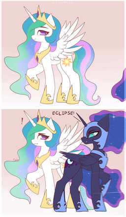 1_horn blue_hair blue_hooves closed_smile crescent_moon_(marking) crown cutie_mark dialogue duo eyelashes feathered_wings feathers female female_feral feral gold_(metal) gold_tiara gradient_background hair headgear highlights_(coloring) hooves horn looking_at_viewer markings moon_(marking) mouth_closed multicolored_hair multicolored_tail open_mouth open_smile pink_background purple_body purple_eyes purple_highlights purple_horn purple_wings quadruped side_view simple_background smile sparkles sparkling_hair spiral_horn sun_(marking) tail teal_eyes text tiara white_body white_wings wings yellow_hooves nnalyart friendship_is_magic hasbro my_little_pony mythology nightmare_moon_(mlp) princess_celestia_(mlp) equid equine mammal mythological_creature mythological_equine winged_unicorn absurd_res comic digital_drawing_(artwork) digital_media_(artwork) english_text flat_colors hi_res krita_(artwork) paintstorm_(artwork)