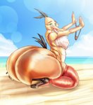 anthro arms_out beach beak big_butt black_body black_feathers butt chest_tuft claws clothing clothing_aside cloud day detailed_background eyebrows feathers feet footwear fur green_eyes high_heels holding_object huge_butt hyper hyper_butt kneeling legwear looking_at_viewer male mostly_nude multicolored_body open_mouth orange_body orange_skin outside platform_footwear platform_heels presenting presenting_hindquarters raised_eyebrow red_clothing sand sea seaside shoes solo speedo sun swimwear talons thick_thighs thigh_highs toes tongue tuft underwear underwear_aside water white_body white_feathers white_fur yellow_body yellow_feathers yellow_fur xtrent968 angry_birds rovio_entertainment sega chuck_(angry_birds) avian bird hi_res signature