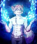 5_fingers abs anthro clothed clothing fingers male navel pink_eyes smile solo tail topless neotheta akaro_(lukiro) mammal procyonid raccoon 2013 hi_res