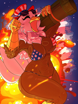 abs american_flag_bikini anthro beak big_breasts bikini breasts clothing curvy_figure explosion eyewear eyewear_on_head feathers female flag_bikini flag_swimwear hat headgear headwear holidays muscular muscular_anthro muscular_female non-mammal_breasts open_mouth ranged_weapon rocket_launcher scuted_arms scutes solo sunglasses sunglasses_on_head swimwear tail tail_feathers thick_thighs two-piece_swimsuit voluptuous voluptuous_anthro voluptuous_female weapon wearing_sunglasses wide_hips 87_god 4th_of_july accipitrid accipitriform avian bald_eagle bird eagle sea_eagle 3:4 hi_res