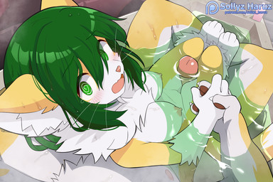 anthro areola bathtub blush blush_lines claws duo female fur genitals green_eyes green_hair hair hand_holding inner_ear_fluff male neck_tuft nipples open_mouth pawpads penis penis_between_thighs pink_areola soap solo_focus surprised swirl_eyes tuft vulva water yellow_body yellow_fur sollyz haruz sundyz felid feline mammal 3:2