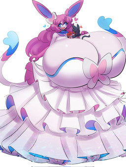 ambiguous_gender anthro between_breasts big_breasts black_body blue_sclera breasts cleavage clothed clothing dress duo female frilly frilly_clothing frilly_dress hair huge_breasts hyper hyper_breasts looking_at_another multicolored_body pink_hair romantic romantic_couple size_difference standing tail white_clothing white_dress yboon nintendo pokemon selene_(itsawulf) eeveelution generation_6_pokemon generation_7_pokemon litten pokemon_(species) sylveon hi_res
