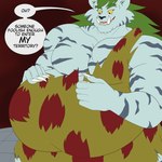 anthro belly big_belly dialogue green_hair hair male musclegut muscular muscular_male overweight overweight_male solo text yellow_sclera cyfykitty yu_yu_hakusho byakko_(yu_yu_hakusho) demon felid mammal pantherine tiger 1:1 absurd_res english_text hi_res