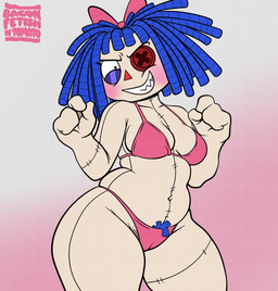 accessory blue_hair blush bow_ribbon bra clothed clothing curvy_figure doll eyelashes female female_humanoid glistening_eyelids hair hair_accessory hair_bow hair_ribbon long_eyelashes looking_at_viewer mole_on_pussy panties partially_clothed partially_clothed_female partially_clothed_humanoid pink_bow pink_bra pink_clothing pink_panties pink_underwear pube_peek pubes rag_doll_(toy) ribbons seam_(sewing) simple_background slightly_chubby slightly_chubby_female smile solo thick_thighs underwear voluptuous voluptuous_female wide_hipped_female wide_hips yarn baconfetish'ntomato glitch_productions the_amazing_digital_circus evil_ragatha_(tadc) animate_inanimate humanoid living_doll living_toy absurd_res hi_res