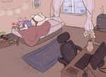 anthro bedroom chair clothing computer computer_keyboard computer_mouse desk detailed_background electronics female furniture inside navel office_chair panties sleeping solo string_lights table television thick_thighs underwear moonlitmoff nintendo pokemon gina_(badluck15) cinderace generation_8_pokemon pokemon_(species) hi_res