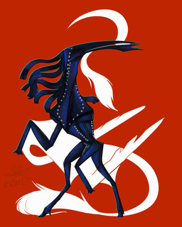barely_visible_genitalia barely_visible_penis beak big_chest black_body broad_shoulders chin_horn digitigrade facial_horn feral flowing_mane genitals glowing glowing_markings hooves horn logo long_arms long_legs long_neck machine male mane markings on_hind_legs open_mouth penis pseudo_hair quadruped red_background segmented_arms segmented_body segmented_legs segmented_neck silhouette silhouette_background simple_background small_waist solo teeth tentacle_hair tentacles white_eyes conditional_dnp moonlit-comet digidevil robot 4:5 absurd_res artist_logo hi_res