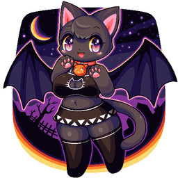 absolute_territory anthro bat_wings black_body black_fur blush bottomwear chibi cleavage_cutout clothed clothing collar costume cutout detailed_background dwarfism featureless_feet feet female female_anthro fur furgonomics halloween_costume holidays kemono legwear membrane_(anatomy) membranous_wings miniskirt monotone_body monotone_fur moon pawpads paws pink_inner_ear pink_pawpads purple_eyes shortstack shortstack_female skirt solo stockings tail tail_through_skirt thick_thighs wings takiune_(pixiv) halloween domestic_cat felid feline felis mammal 1:1 2021 aliasing digital_media_(artwork) full-length_portrait low_res oekaki portrait