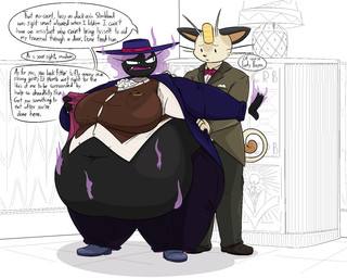 anthro belly big_belly big_breasts black_body breasts clothing duo female hat headgear headwear inside male obese overweight speech_bubble suit text thatoneaceguy nintendo pokemon gastly generation_1_pokemon meowth pokemon_(species) 2026 5:4 english_text hi_res