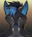 black_body black_fur black_hair blue_hair fur hair looking_at_viewer male open_mouth simple_background smile solo teeth tongue yellow_eyes rogueliger canid canine canis mammal wolf 2022 bust_portrait digital_media_(artwork) portrait