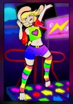 anthro arcade_machine bottomwear clothing crop_top dancewear dancing femboy male midriff navel rhythm_game shirt shorts topwear unzipped zipper husdur lagomorph leporid mammal rabbit hi_res tagme